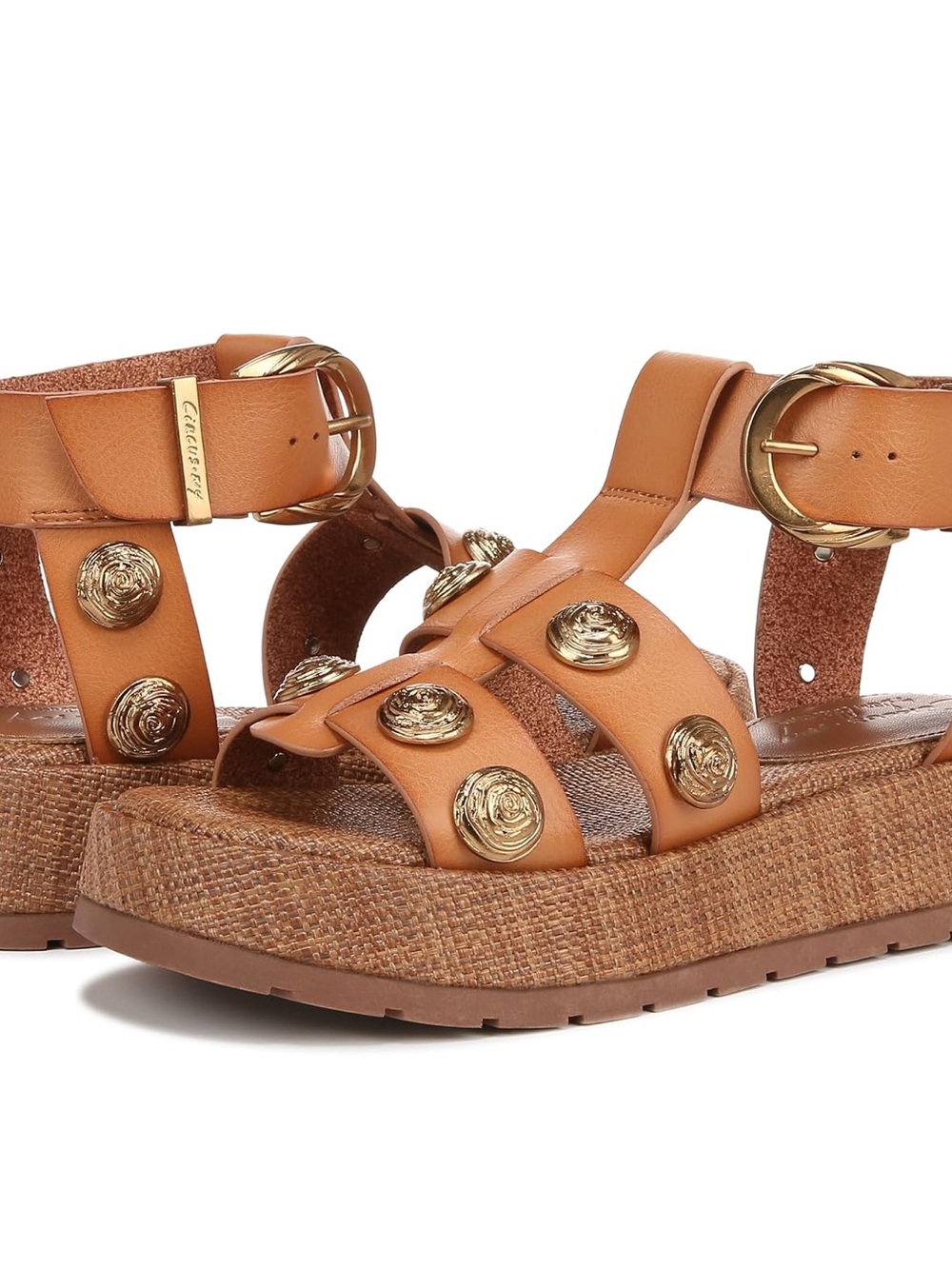 Circus by Sam Edelman Tan Leather Platform Sandals with Gold Buttons